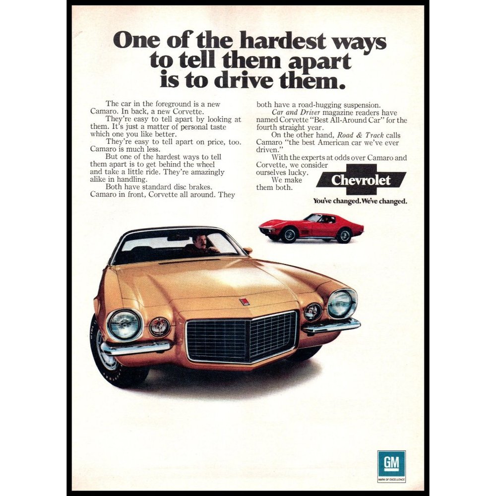 1971 Chevy Camaro and Corvette Vintage Print Ad Classic Sports Car Wall Art